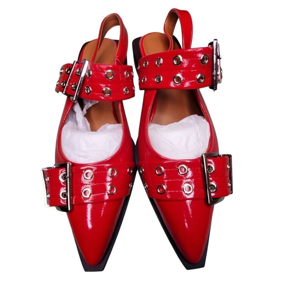 Red Chunky Buckle Slingback Punk Goth Flats Women's Size 9 Pointed Toe - Picture 5 of 6
